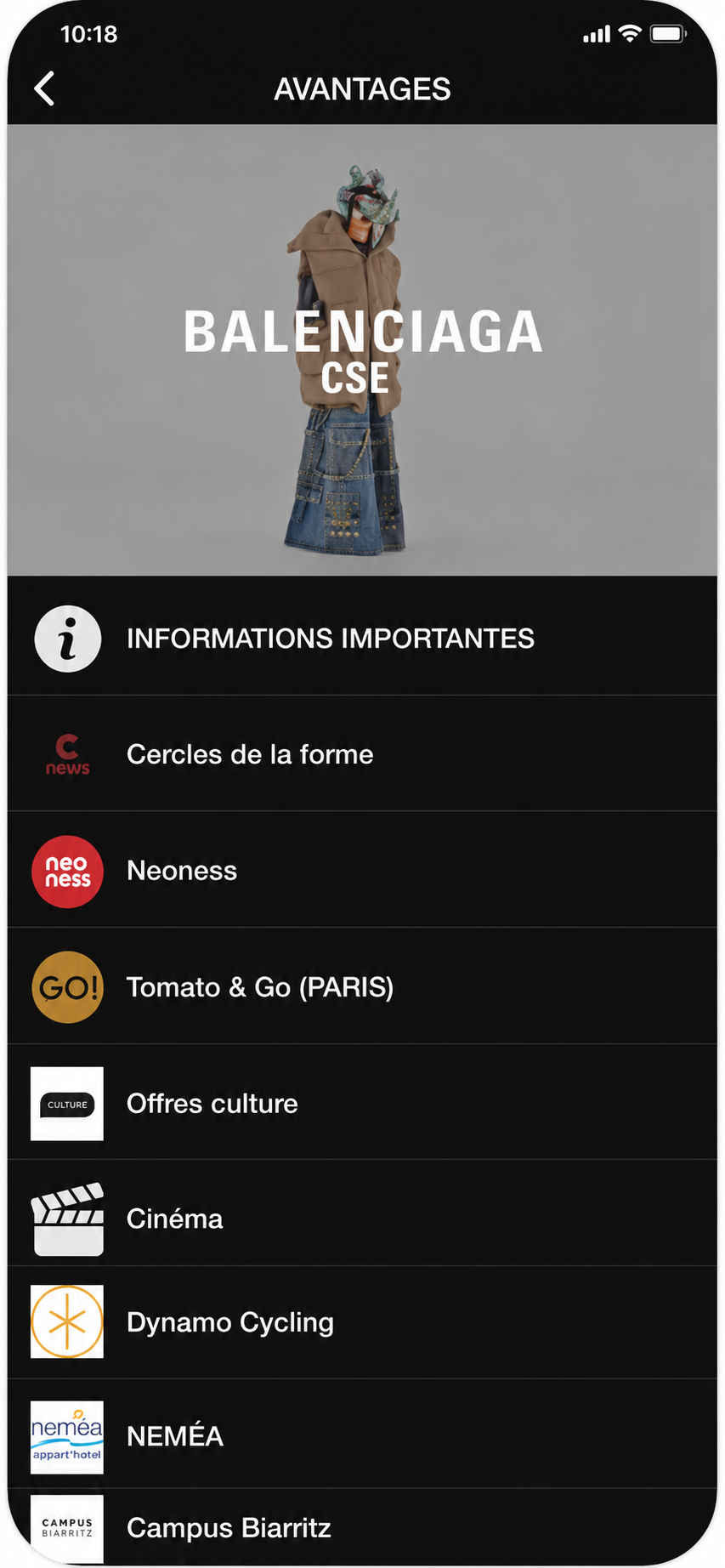 Ancienne application Balenciaga CSE — écran Avantages