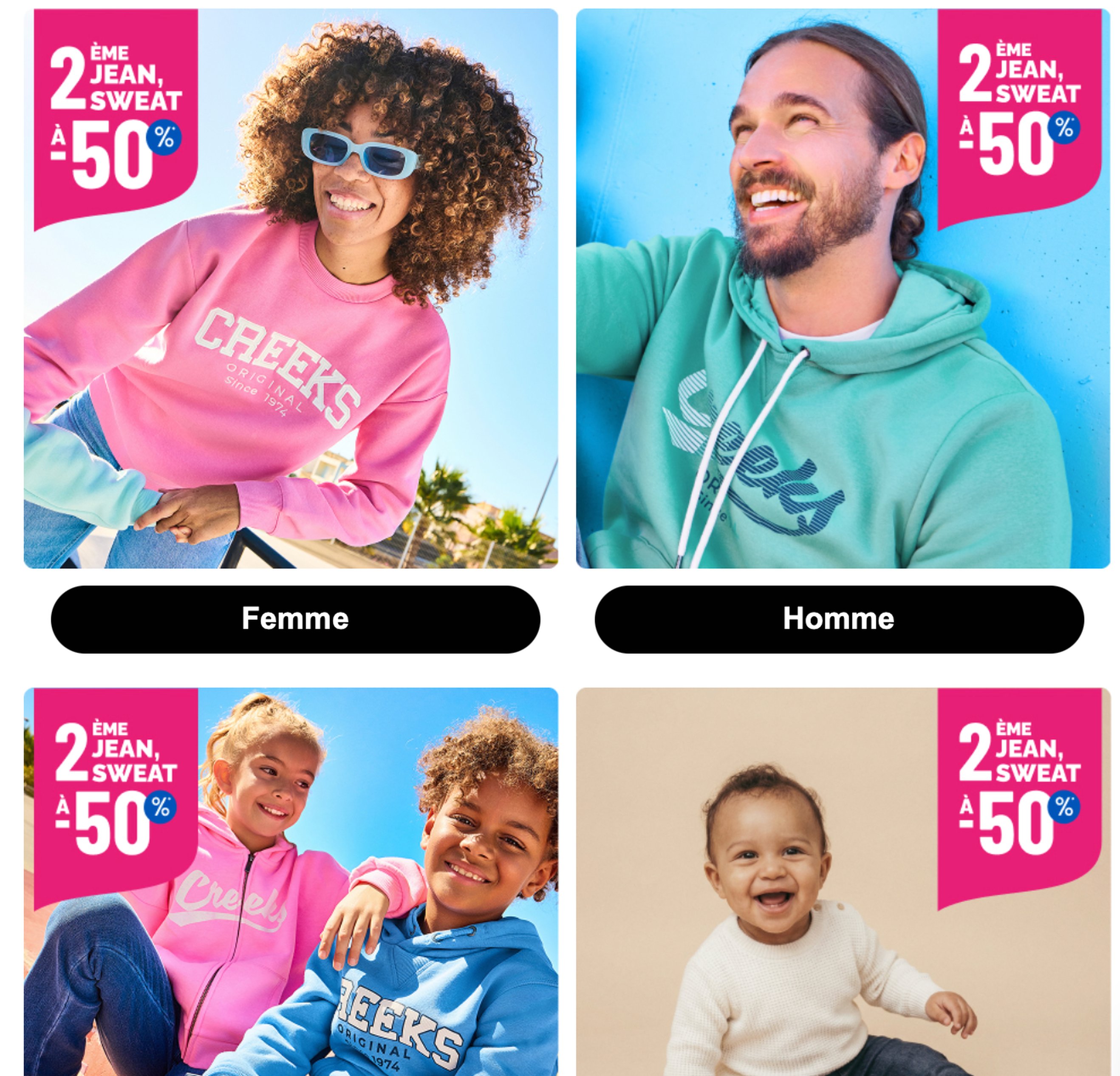 Tuiles « 2ᵉ jean -50 % » — stickers répétés