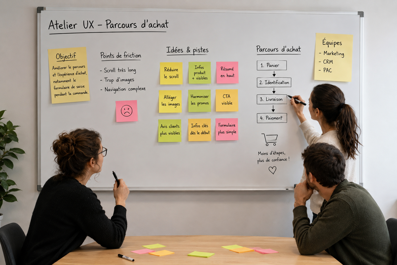 Atelier UX en équipe devant le tableau