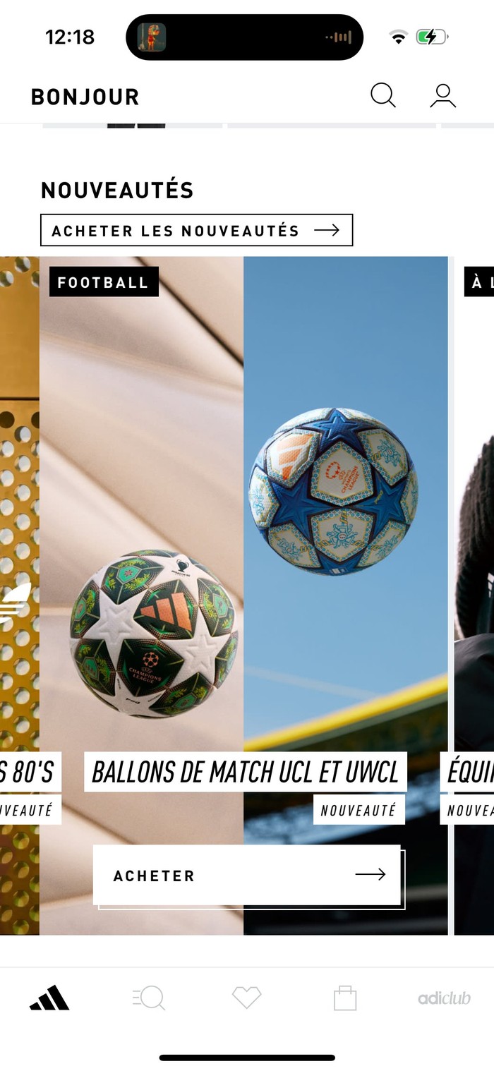 Adidas, promos glissées dans le contenu, sans barre fixe