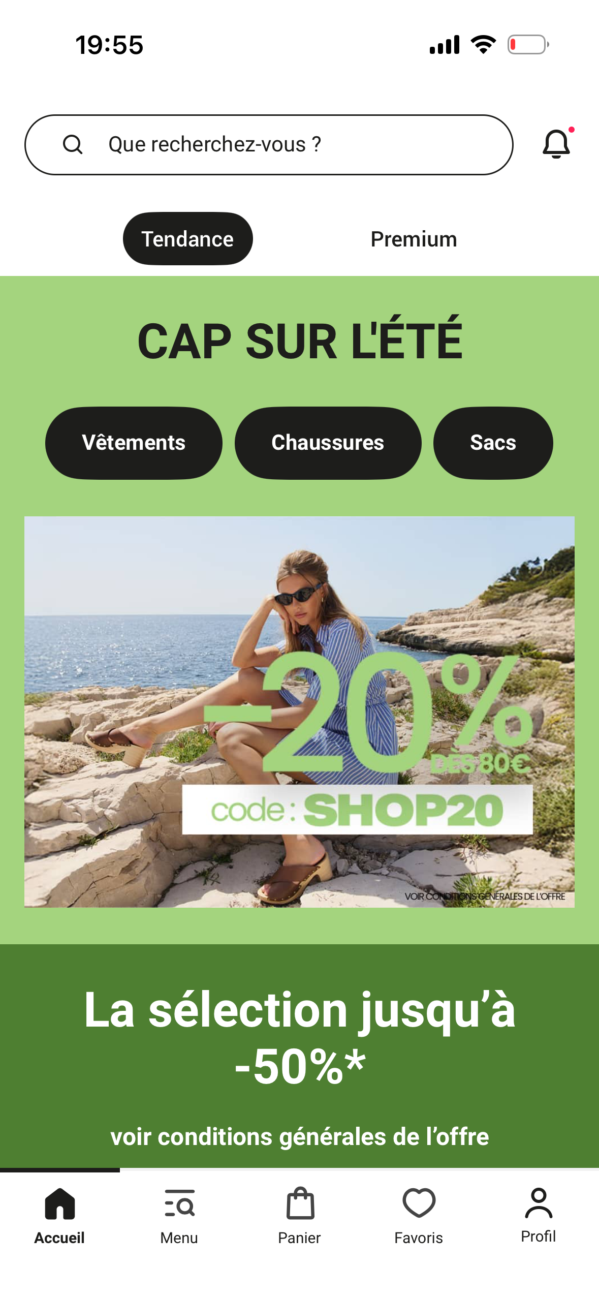Page d'accueil de l'app Sarenza, avec la cloche de notifications
