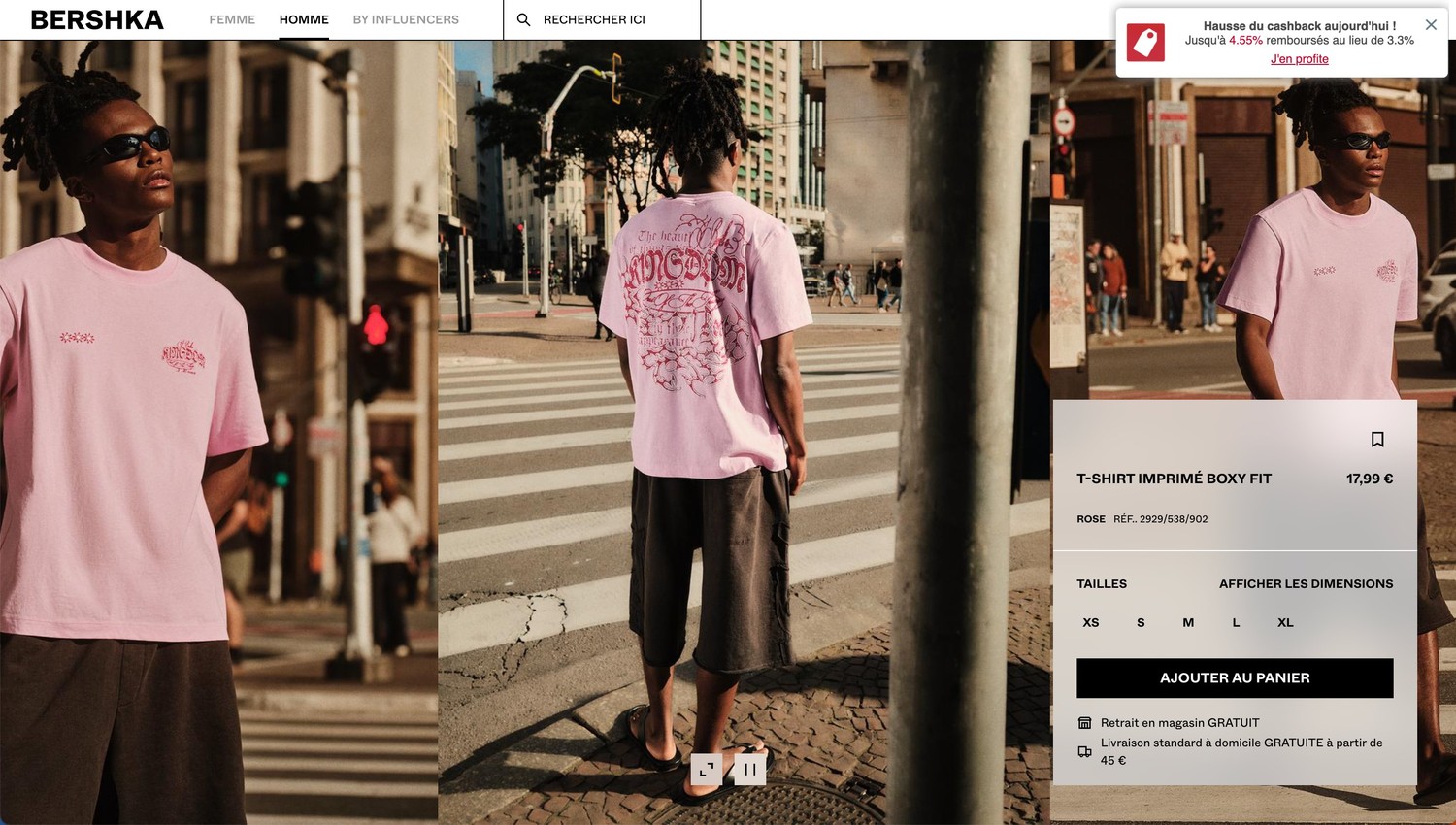 Bershka, page produit, galerie + fiche en surimpression