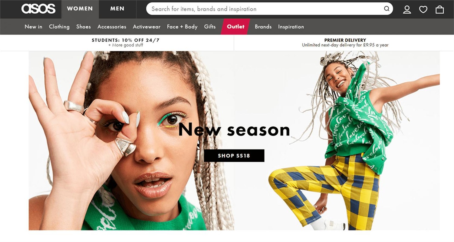 Asos, onglet Outlet et bandeaux d'offres