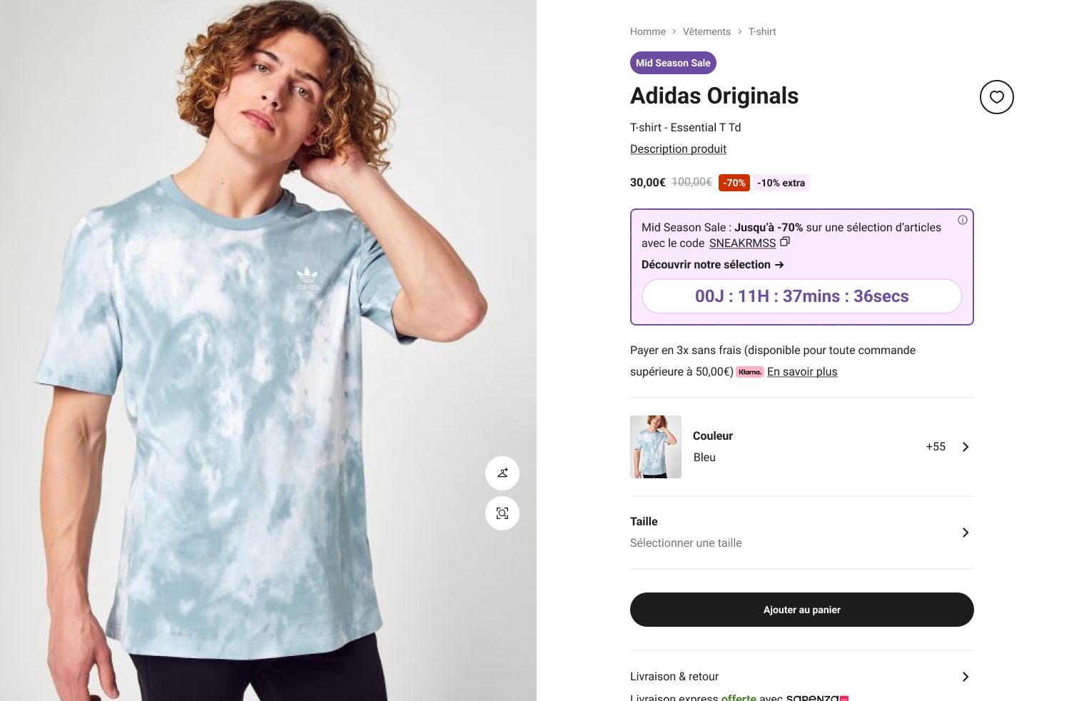 Page produit Sarenza, code couleur et timer